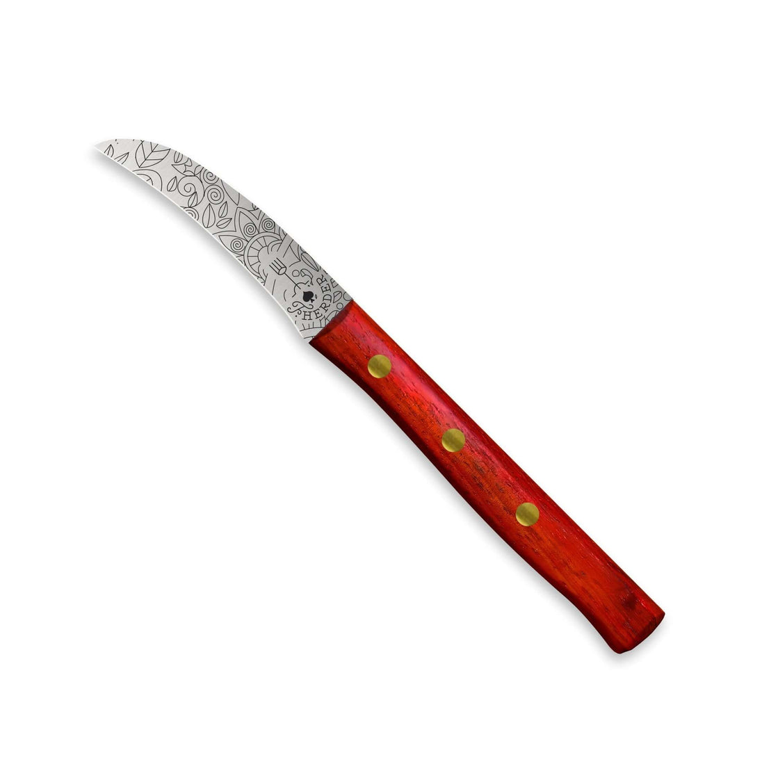 Zöppken Style Schälmesser aus Solingen mit rotem Holzgriff und rostfreier Klinge, ideal für präzises Schälen.