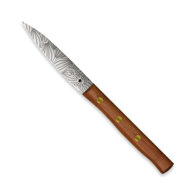 Zöppken Style Messer mit elegantem Holzgriff und kunstvoller Klingendekoration, rostfrei und handgemacht in Solingen.
