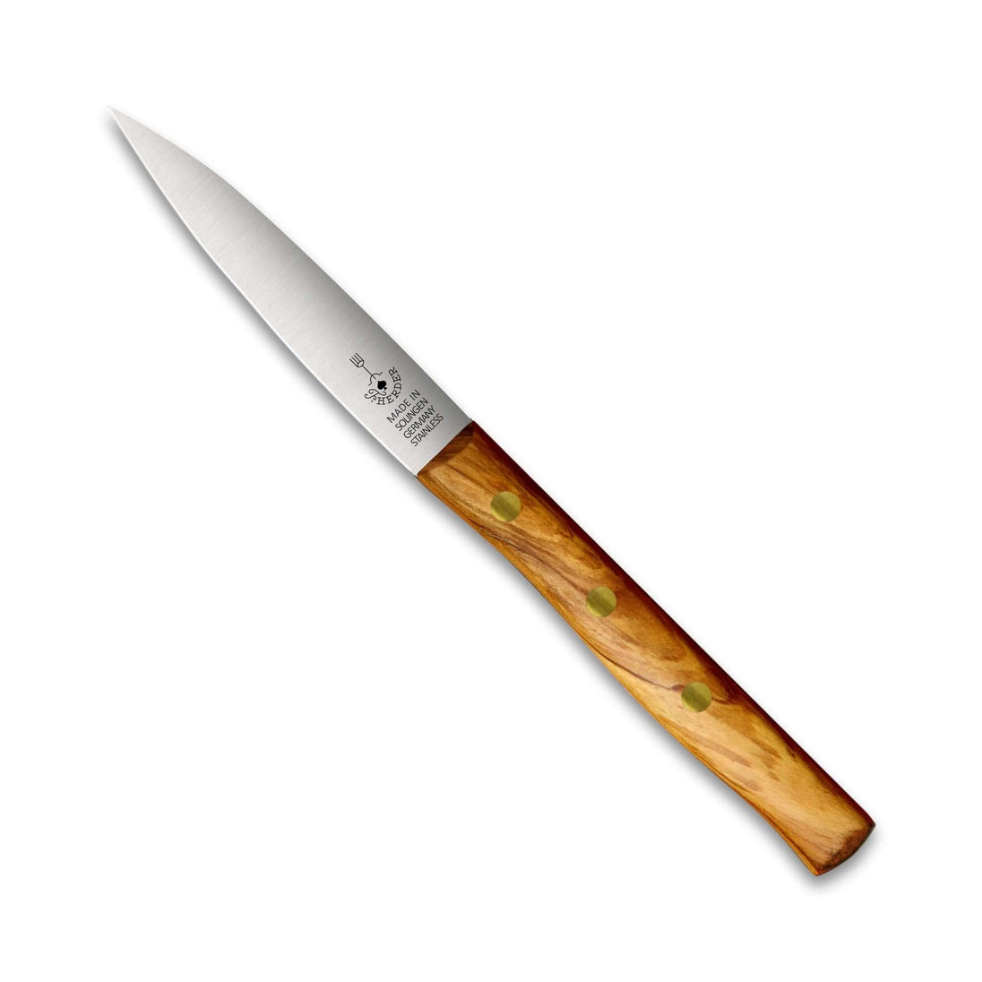 Zöppken Style Messer Mittelspitz mit rustikalem Holzgriff und rostfreier Klinge, handgemacht in Solingen.