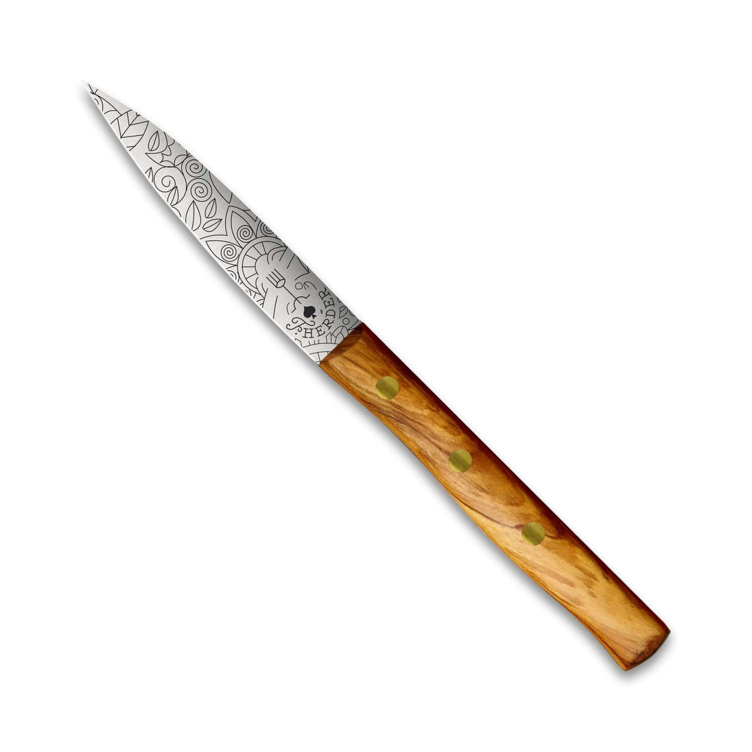 Zöppken Style Messer Mittelspitz mit elegantem Holzgriff und kunstvoller Klinge, handmade in Solingen, rostfrei.