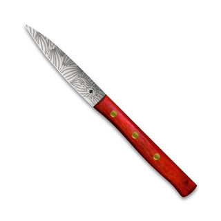 Zöppken Style Messer Mittelspitz mit rotem Holzgriff und dekorativer Klinge, handmade in Solingen.