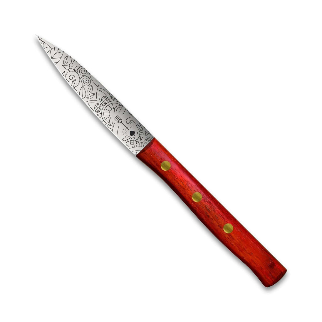 Zöppken Style Messer Mittelspitz mit rot lackiertem Holzgriff und dekorativer Klinge, handmade in Solingen.