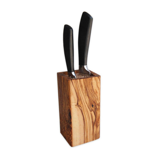 Handgefertigter Olivenholz Messerblock mit zwei Messern, ideal für die Küche und dekorativ.