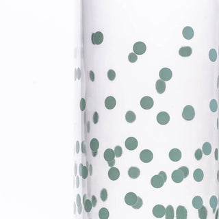Design der PURE HAPPINESS Glasflasche mit türkisen Punkten auf transparentem Hintergrund.
