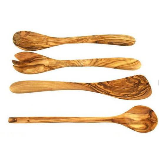 Küchen-4er-Set aus Olivenholz: Pfannenwender, Kochlöffel, Salatbesteck, 30 cm, ideal für beschichtete Pfannen.