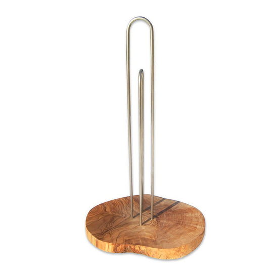 Handgefertigter Küchenrollenhalter aus Olivenholz mit Edelstahldesign, 33 cm hoch, einzigartiger rustikaler Charme.