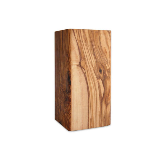 Handgefertigter eckiger Utensilienbecher aus Olivenholz, 16 cm hoch, schönes Design für Küchenutensilien.