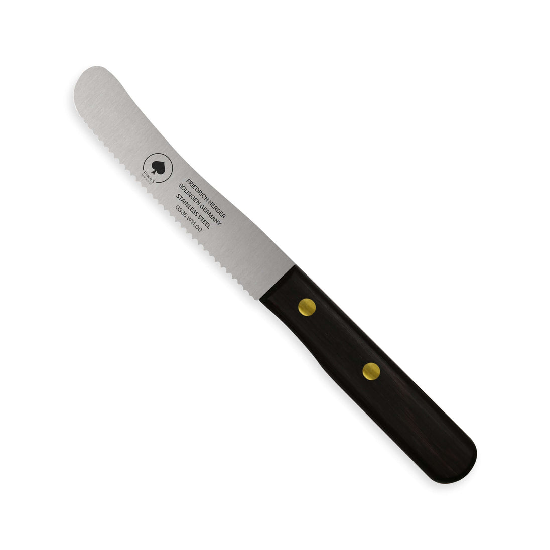 Buckelsmesser aus Solingen mit schwarzem Griff und gezahnter Klinge, ideal für Frühstück und handgefertigte Qualität.