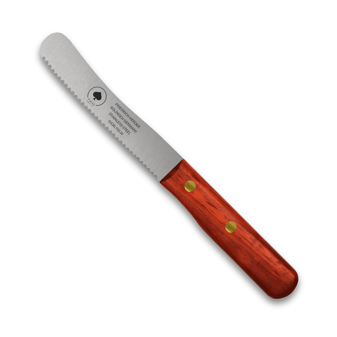Buckelsmesser aus Solingen mit rotem Holzgriff und gezahnter Klinge für perfektes Frühstück.