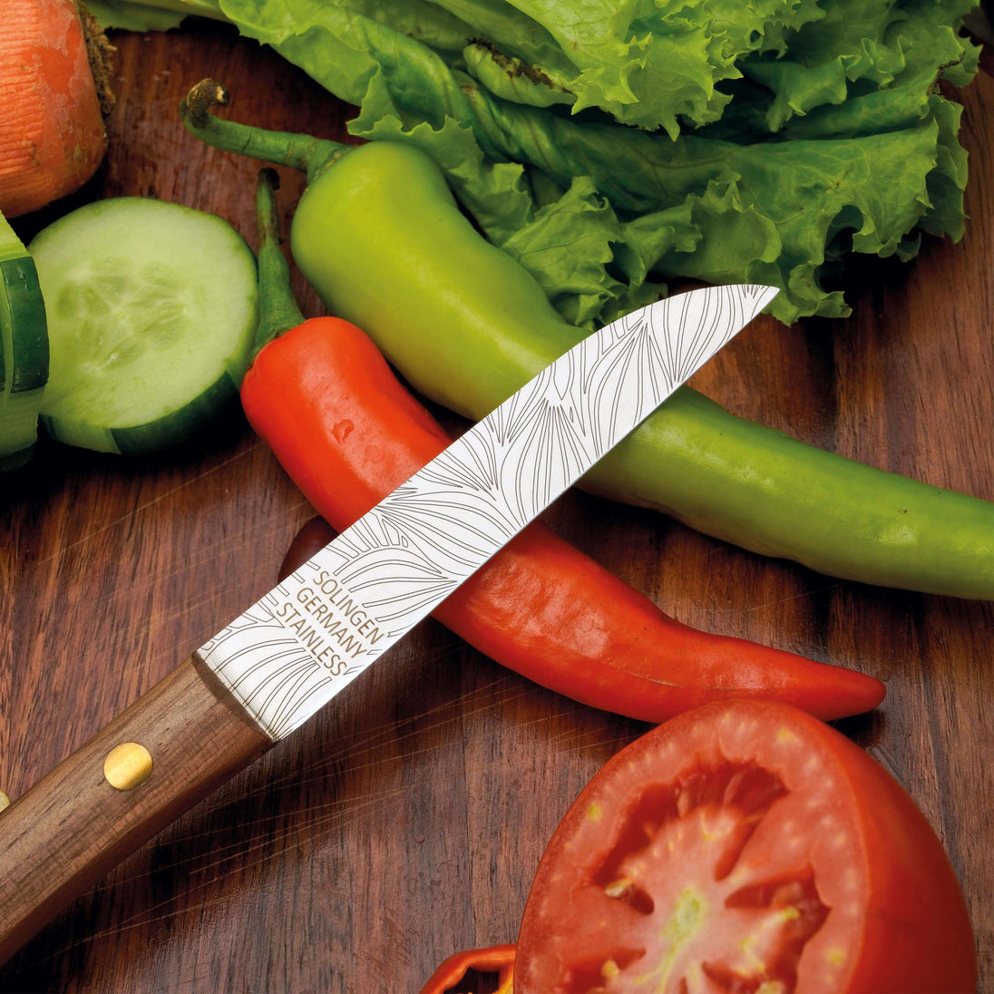 Gemüsemesser Zöppken mit rostfreier Klinge und Holzgriff, ideal zum Schneiden von Gemüse und Obst.