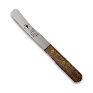 Buckelsmesser aus Solingen mit Holzgriff und gezahnter Klinge, ideal für Frühstück und Brot.