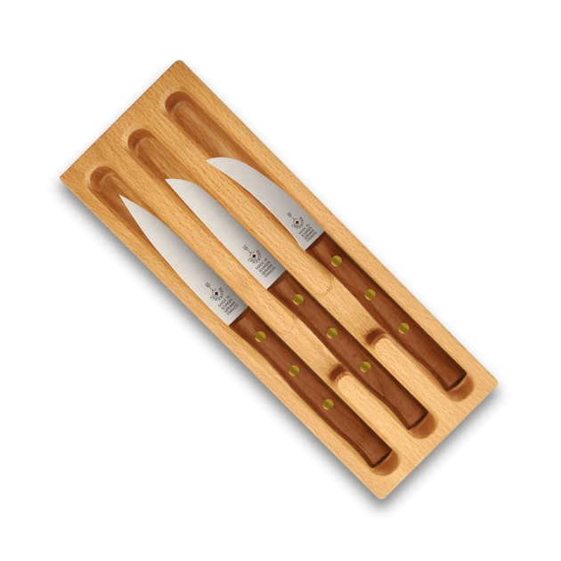Zöppken Style 3er Set Messer in einem hochwertigen Holzcase aus Rotbuche, elegante Klingenformen.