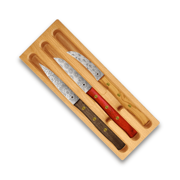 Zöppken Style Messer 3er Set in edlem Holzcase mit verschiedenen Klingenformen und Griffvarianten.