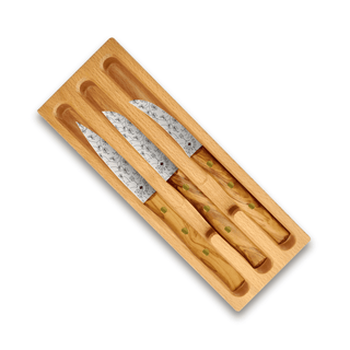 Zöppken Style Messer 3er Set in hochwertigem Holzcase aus Rotbuche, mit verschiedenen Klingenformen und Holzvarianten.