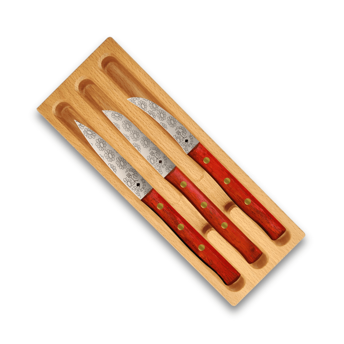 Zöppken Style 3er Set mit Klingen in verschiedenen Formen, präsentiert in Holzcase aus Rotbuche.