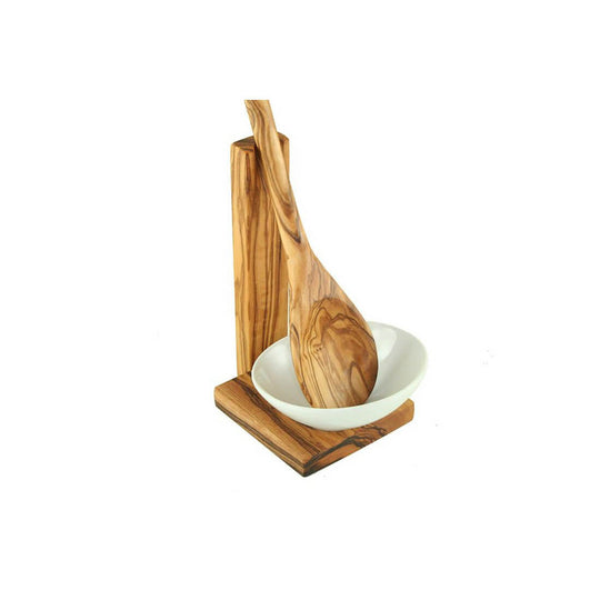 Handgemachter Kochlöffelhalter aus Olivenholz mit Keramikschale für sauberes Kochen und Ordnung in der Küche.
