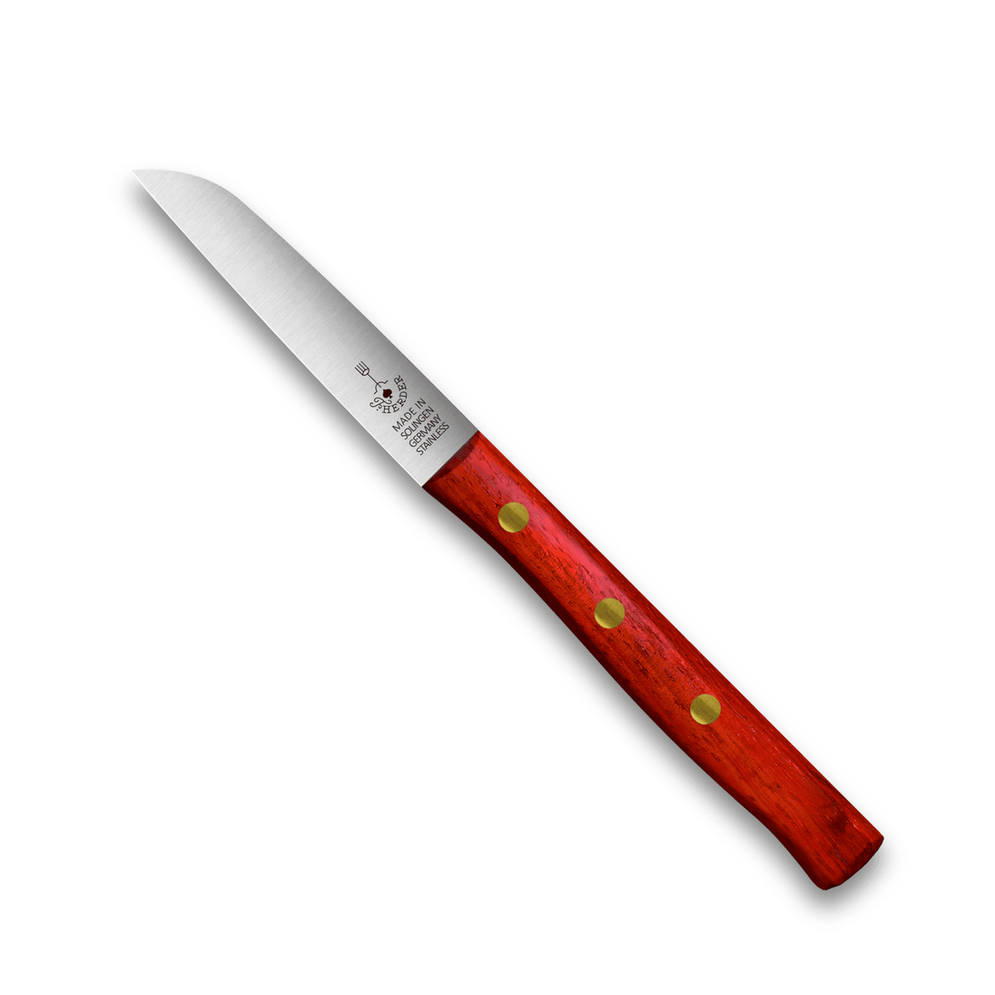 Gemüsemesser Zöppken Style rostfrei mit rotem Holzgriff und extrem scharfer Klinge aus Solingen.
